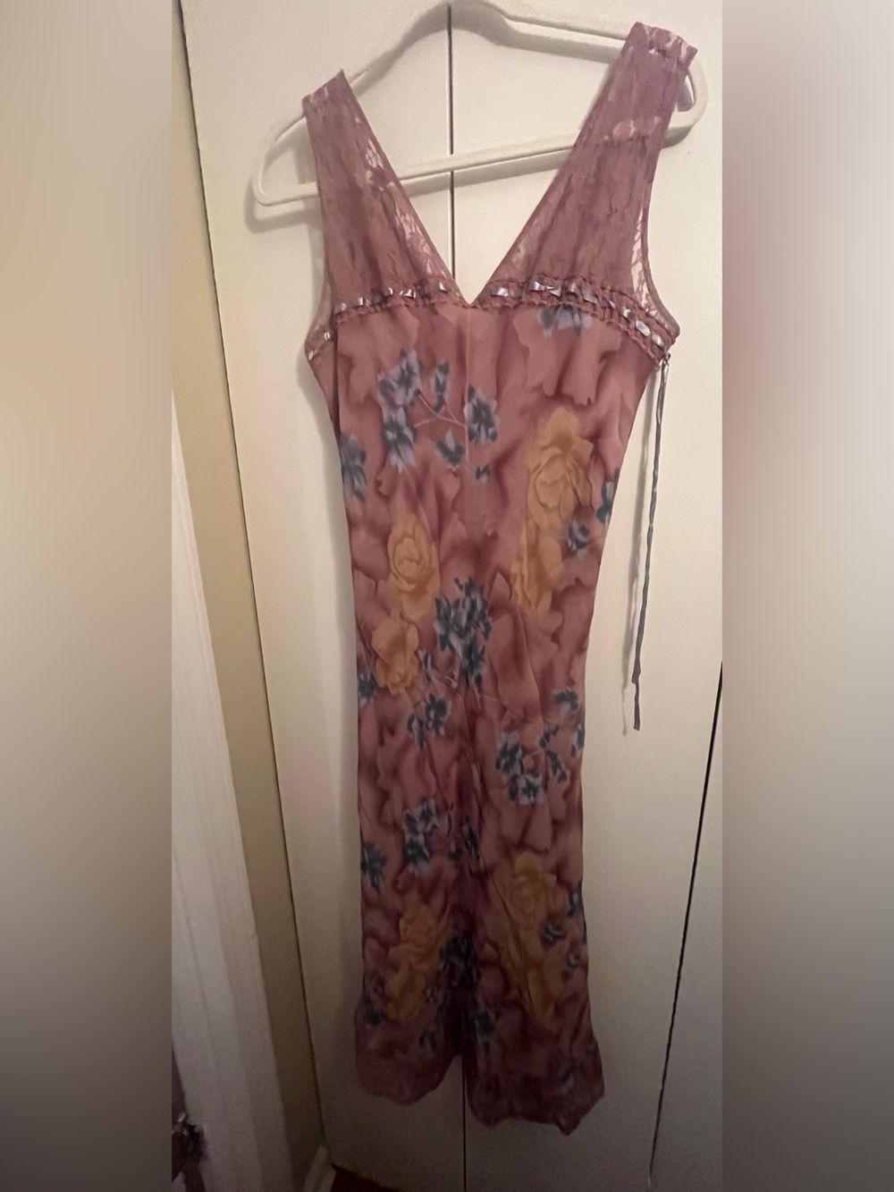 John Paul Richard Floral V-Neck Sleeveless Maxi Dress in Dusty Rose lace fairy